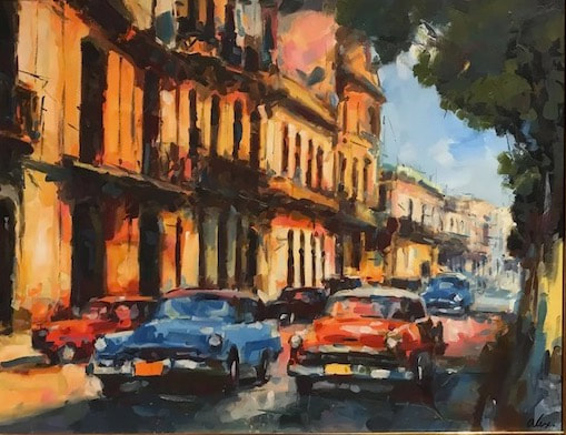 NHAC painting: Alexi Leyva (b. 1969), Cuban Impressionist Painting with Vintage Cars, Habana Vieja, oil on linen, $3,500
