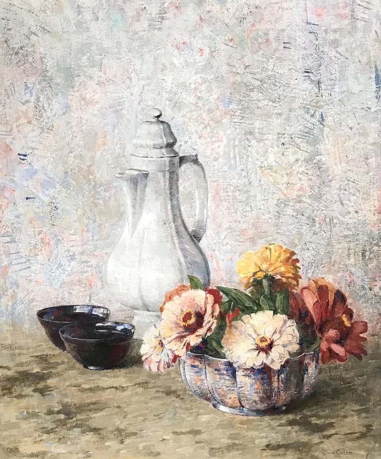 NHAC painting: Dines Carlsen, Still Life with Coffee Pot, Bowls, and Flowers