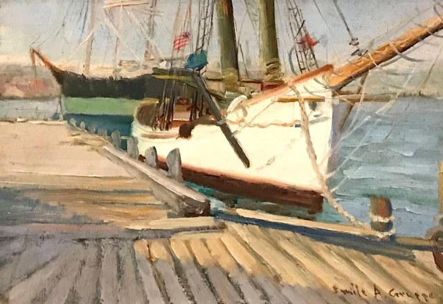 NHAC painting: Emile Albert Gruppe (1896-1978), Docked Boats with American Flag, $12,000