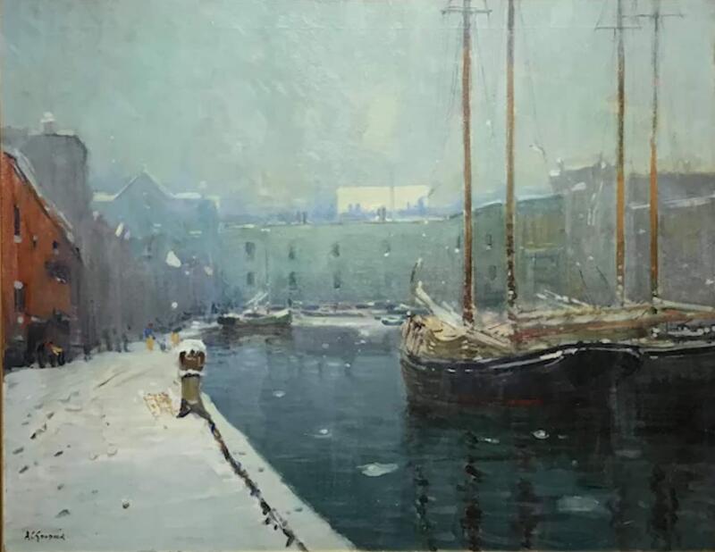 AC Goodwin, oil on canvas, T Wharf Boston, c. 1900